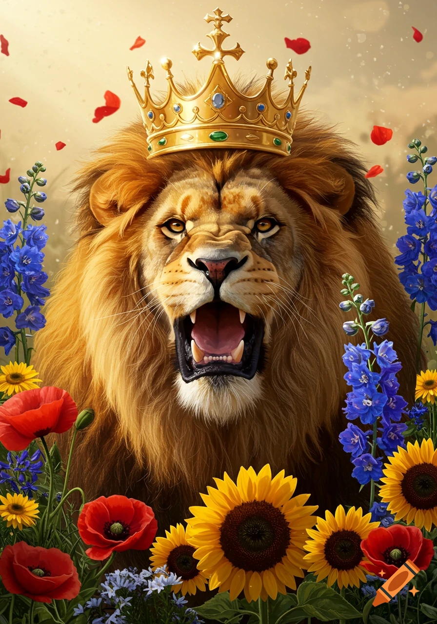 A majestic lion roars, wearing a golden crown, surrounded by vibrant sunflowers, red poppies, and blue flowers with falling petals.