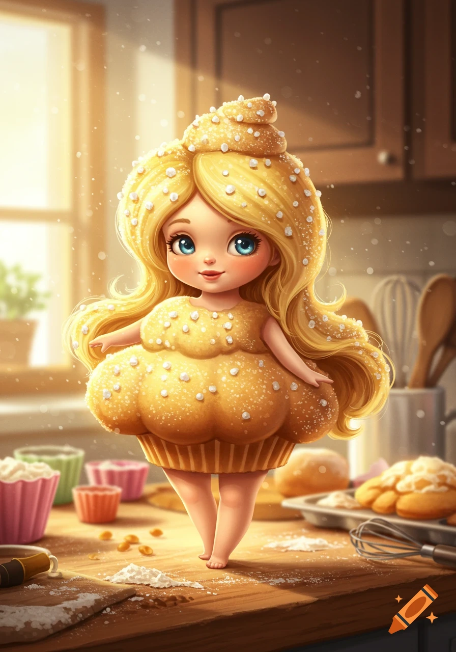 A cute cartoon girl with blonde hair and blue eyes, dressed as a cupcake or muffin, stands in a sunny kitchen with baking ingredients.