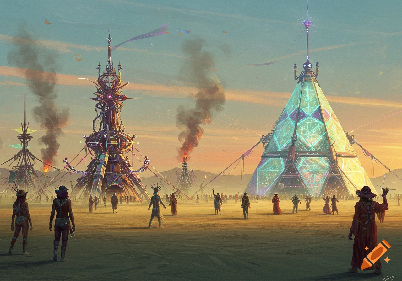 A vibrant, stylized desert scene at sunset with large, intricate art installations and numerous festival-goers.