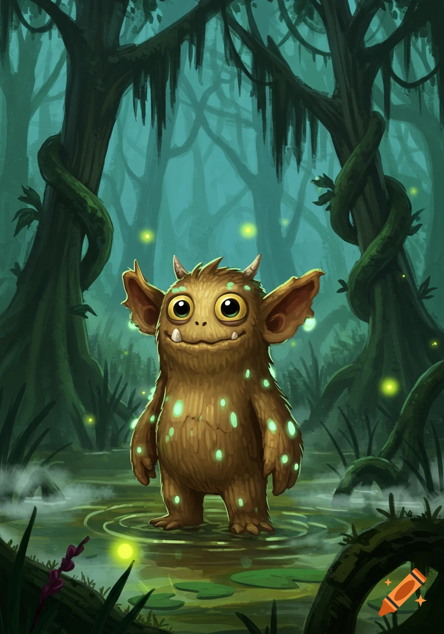 A cute brown monster with big eyes and glowing green spots stands in a swamp surrounded by trees with fireflies.