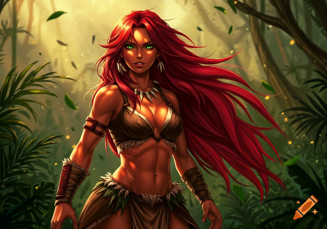 An anime-style female amazon with long red hair, green eyes, and brown skin, wearing tribal attire, stands in a lush jungle.