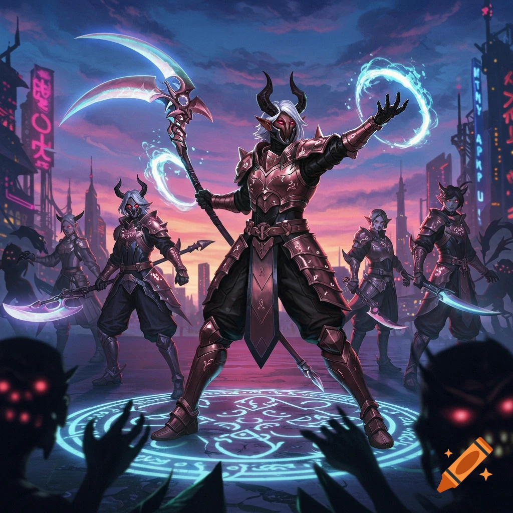 Armored, horned demon hunters with glowing weapons and magic circles in a neon cyberpunk city at dusk.