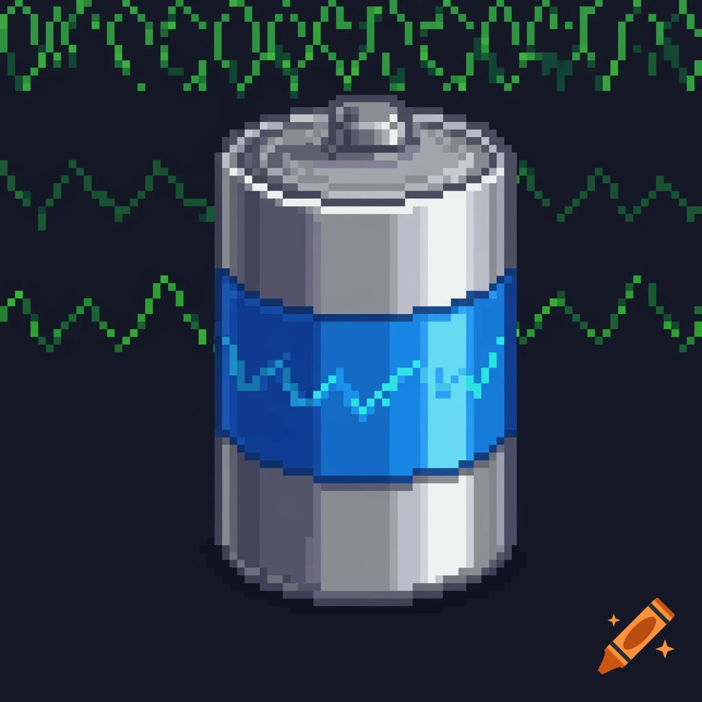 Pixel art depiction of a grey and blue battery with a wavy electric charge symbol.