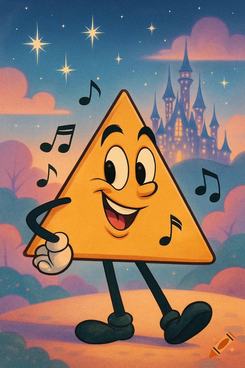 A smiling yellow cartoon triangle with arms and legs and musical notes floating around, set against a starry sky with a magical castle in classic animation style.