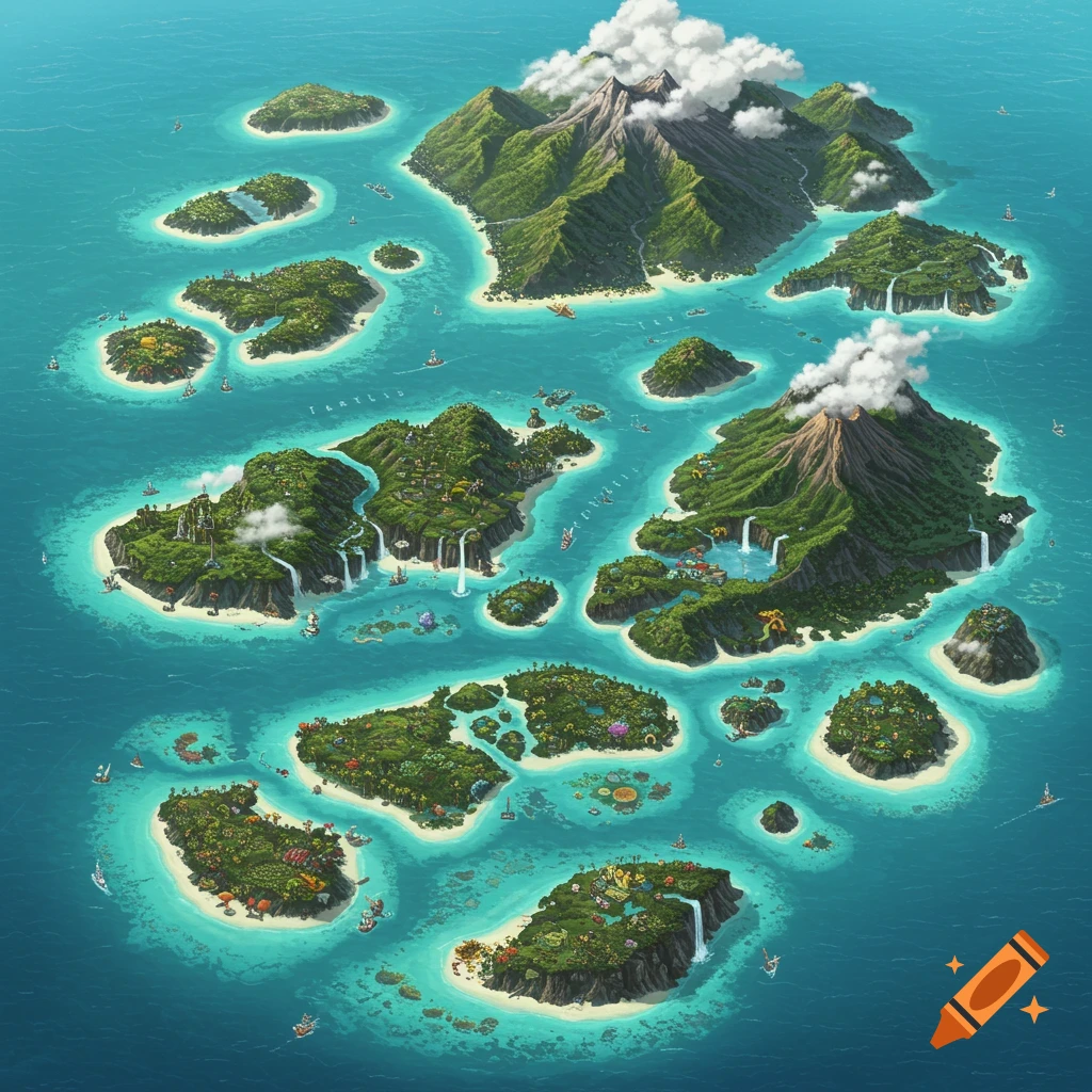 An overhead map view of a cluster of numerous green islands of varying sizes and geographic features, surrounded by turquoise ocean with small boats. Some islands have volcanoes and waterfalls.