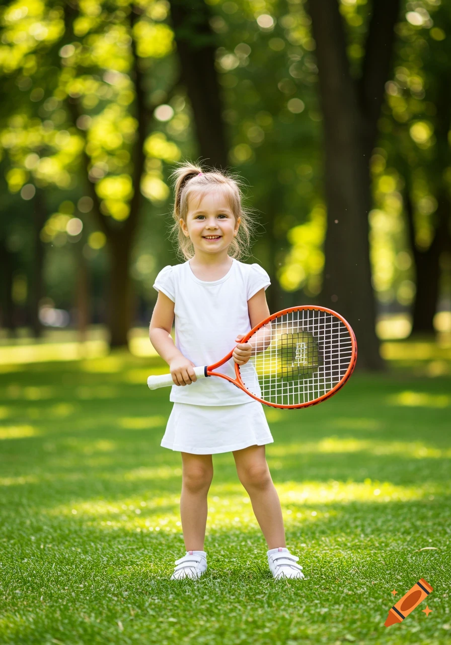 A smiling little girl in a white tennis outfit stands on a grassy field, holding a tennis racket, with blurred green trees in the background.