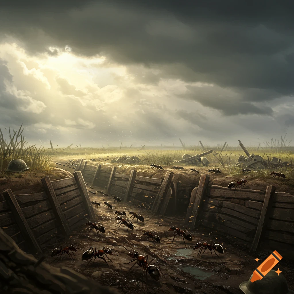 Giant ants swarm through a muddy WWI-style trench battlefield under a dramatic, cloudy sky with sunlight breaking through.