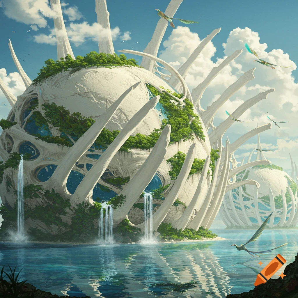 A fantastical planet-like structure made of white bones and green foliage, with waterfalls flowing into blue water, under a bright sky with flying birds.