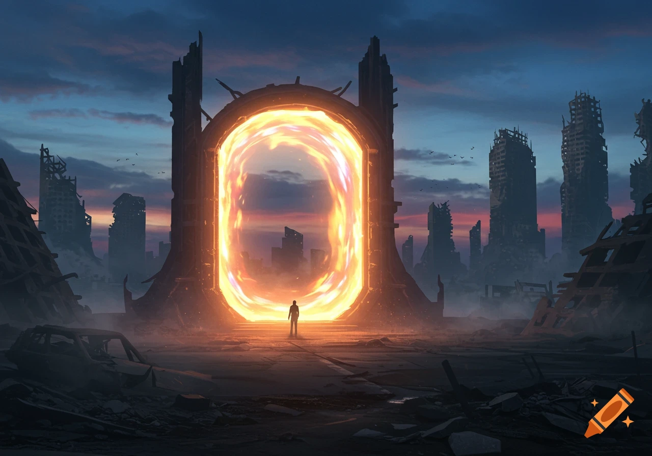 A lone figure stands before a glowing orange portal in a desolate, destroyed city under a twilight sky.