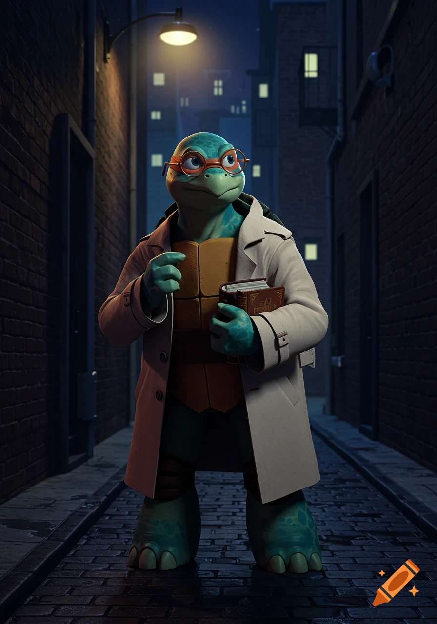 A cartoon humanoid turtle with glasses and a trench coat stands in a dark alleyway holding books.