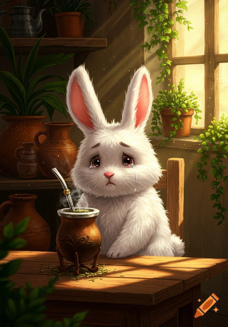 A cute white cartoon bunny is crying at a wooden table next to a cup of steaming yerba mate in a room with plants.
