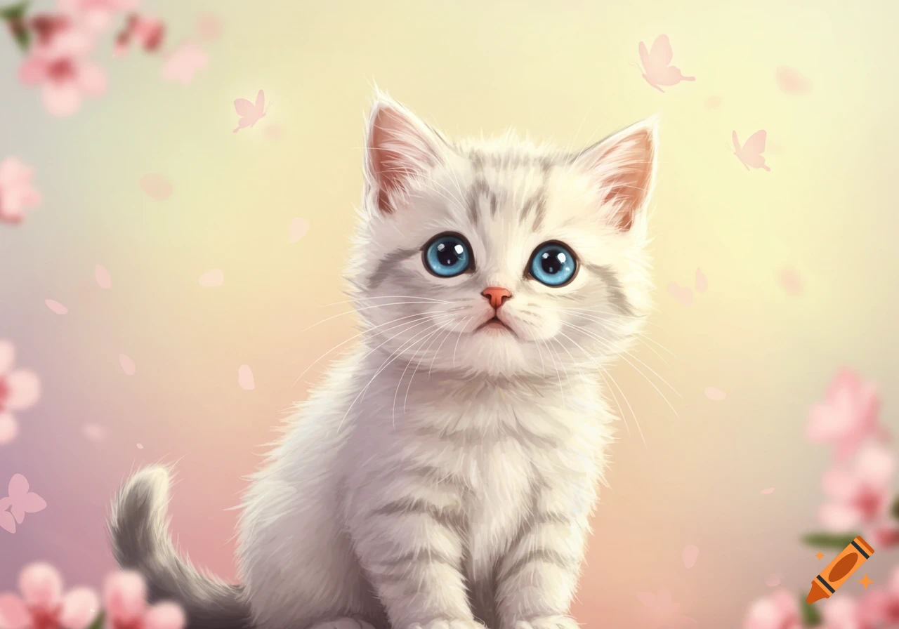 A cute white kitten with large blue eyes looks up, surrounded by soft pink cherry blossoms and butterflies in a pastel illustration.