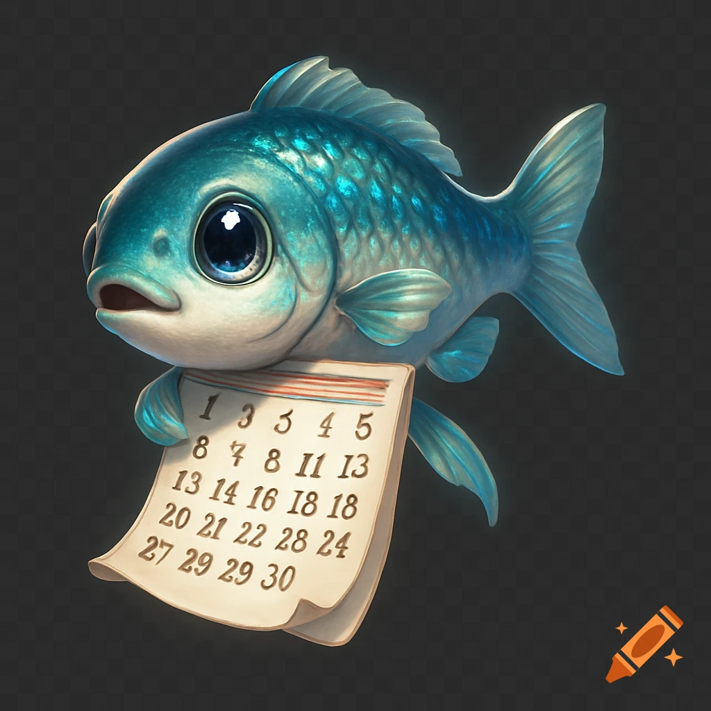 A cute, teal-colored cartoon fish with large eyes holds a small calendar page with jumbled numbers on a dark, transparent background.