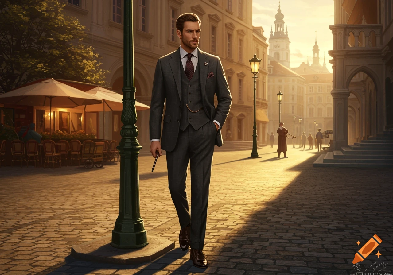 A man in a grey three-piece suit walks on a cobblestone street in a sunlit European city, with historic buildings and cafes in the background.