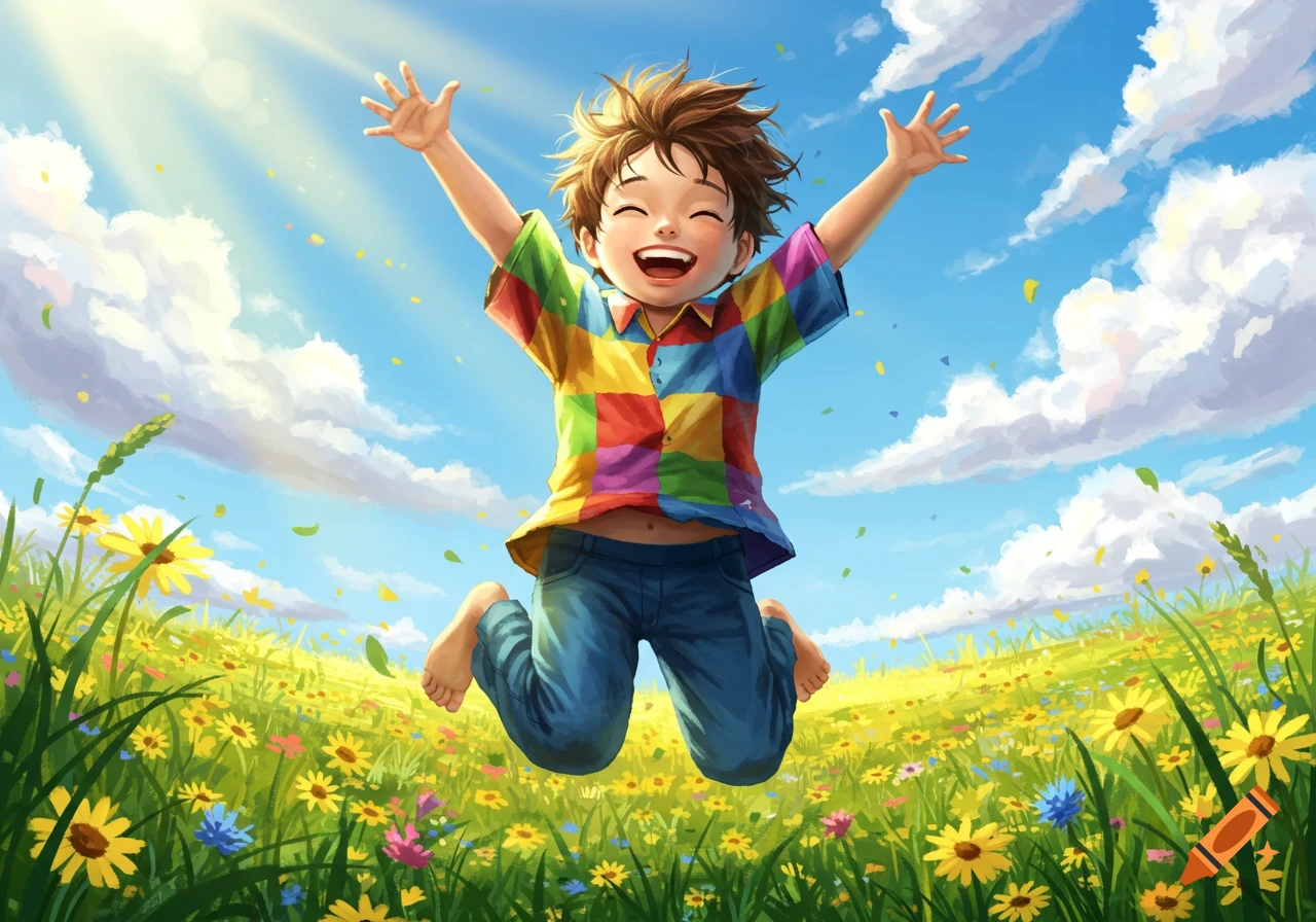 An illustration of a cheerful child with spiky brown hair, wearing a colorful patchwork shirt and jeans, jumping high with arms outstretched in a sunlit field of yellow wildflowers under a blue sky.