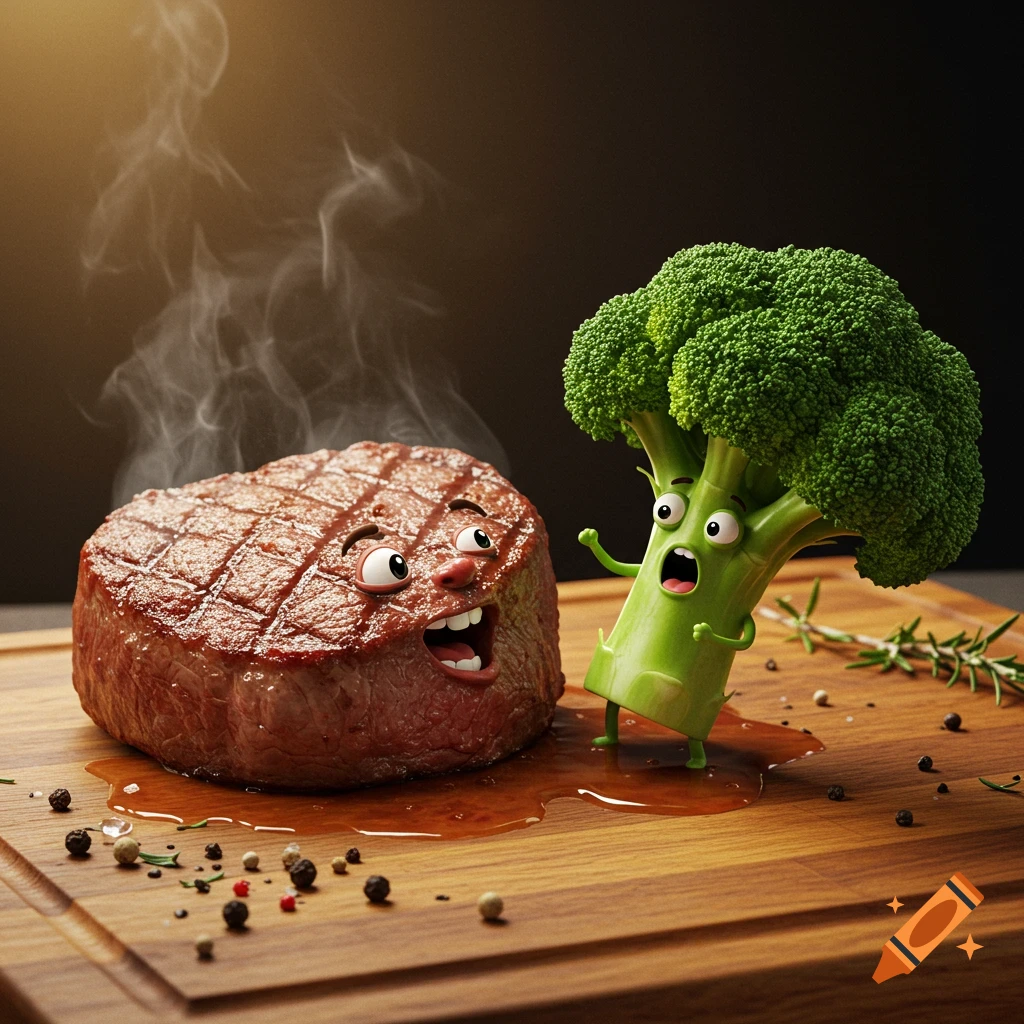 A steaming steak with a surprised face on a cutting board looks at a startled broccoli character.