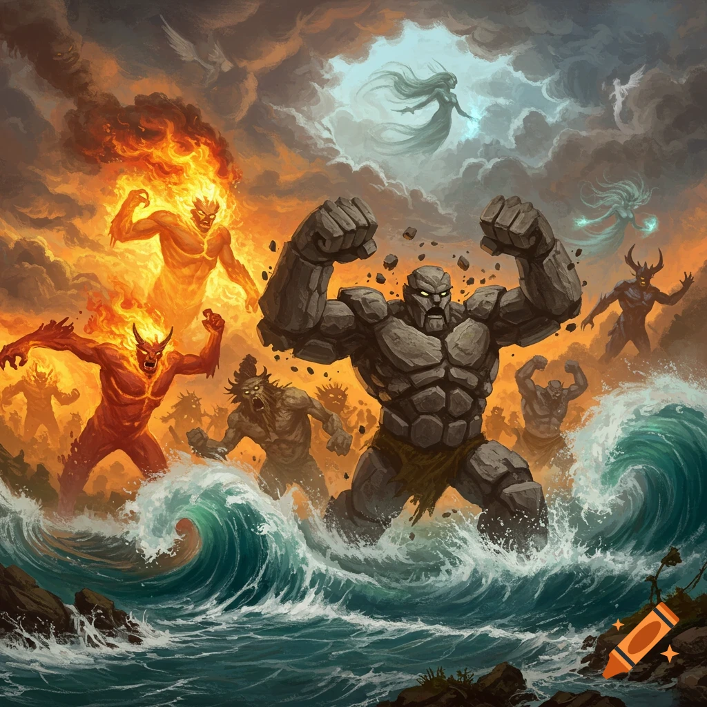 A dynamic fantasy illustration of elemental monsters clashing: fiery demons, a stone golem, and ethereal beings amidst waves and clouds.