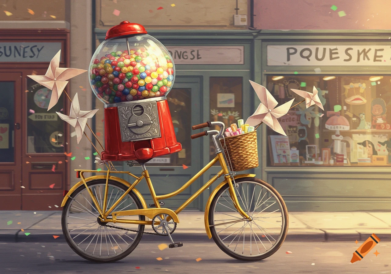 A vibrant illustration of a bright yellow bicycle with a large red gumball machine on its rear rack, parked on a city street in front of shops, with confetti falling.