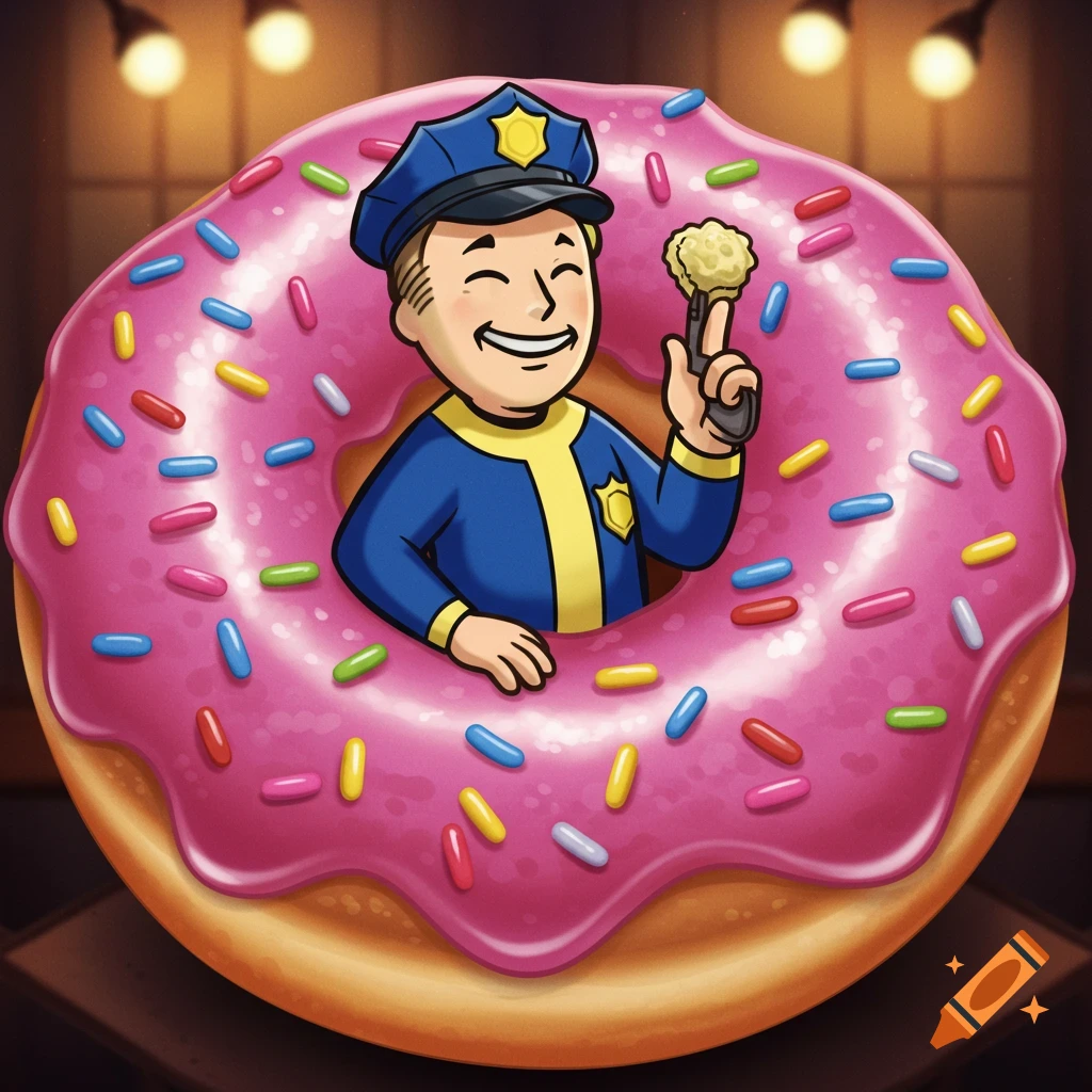 A cartoon Vault Boy dressed as a police officer smiles, winks, and points a finger gun while emerging from the center of a large pink donut with colorful sprinkles.
