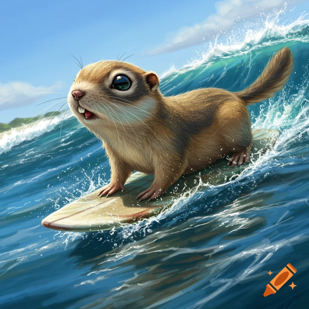 A cute, furry gopher rides a surfboard on a large blue ocean wave under a bright sky.
