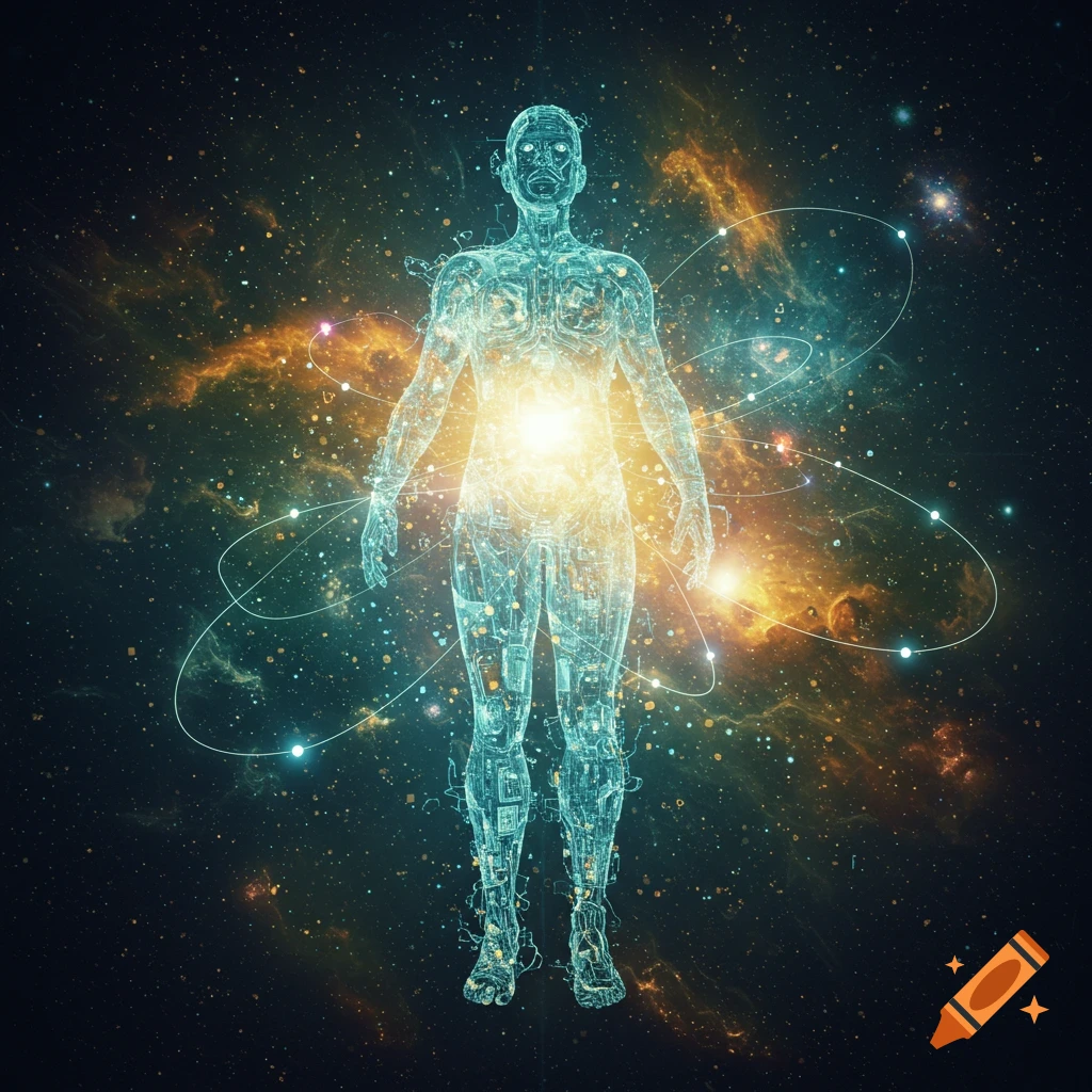 A translucent, glowing wireframe human figure stands in a vast cosmic nebula with swirling stars and orbital light trails.