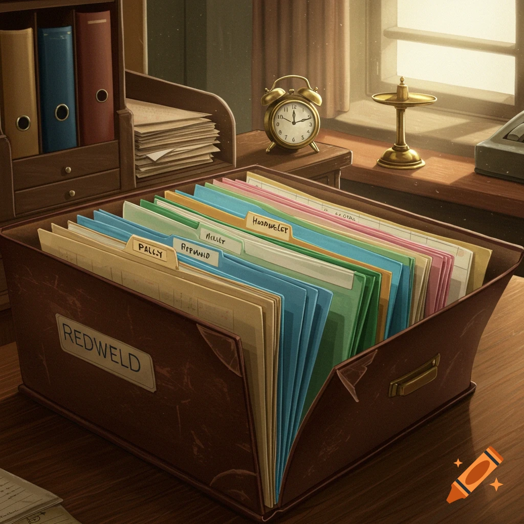 A brown file box filled with multicolored file folders sits on a wooden desk with an alarm clock and binders in the background. The image has an illustrated style.