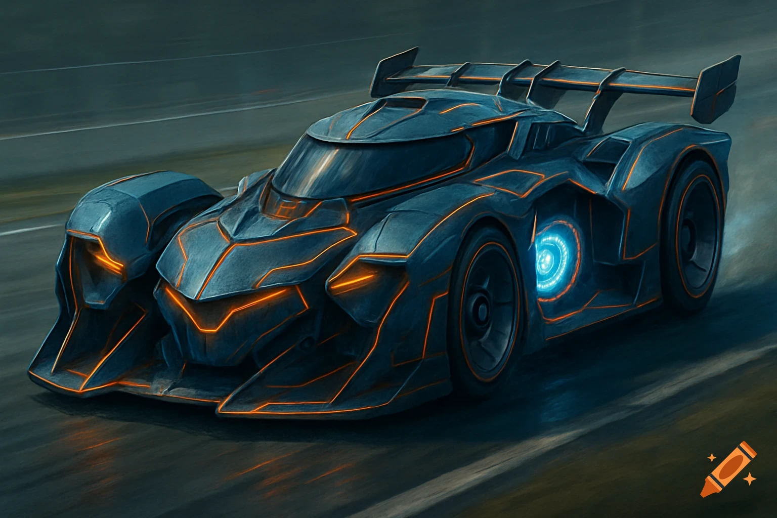 A futuristic, dark blue racecar with glowing orange accents and a bright blue core on its side, speeding down a road.