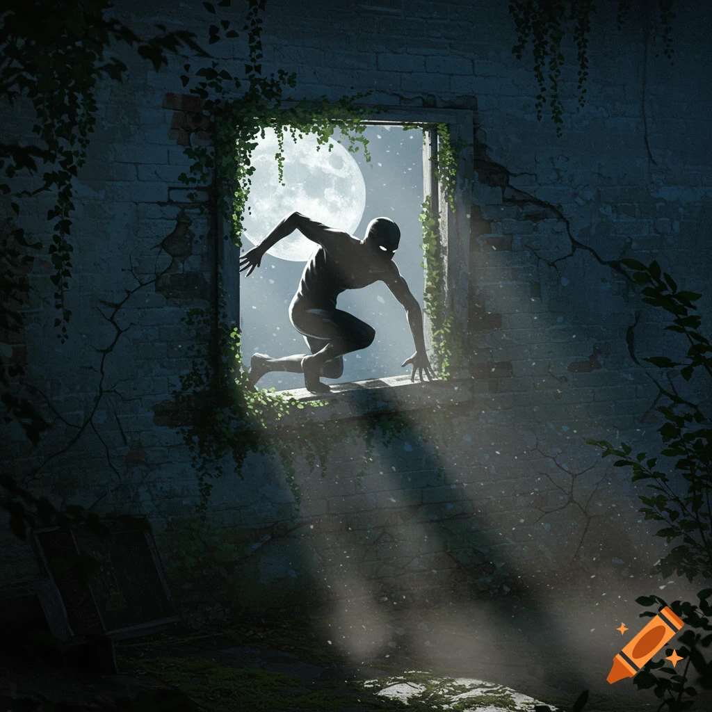 Silhouetted creature with glowing eyes crawls through a moonlit window of a ruined building, surrounded by vines.