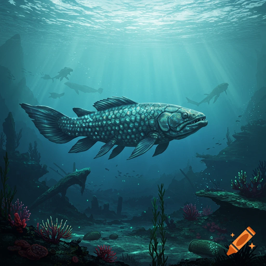 A large, detailed, scaly prehistoric fish with prominent fins swims in clear blue deep water, with other fish and coral visible on the seabed below.