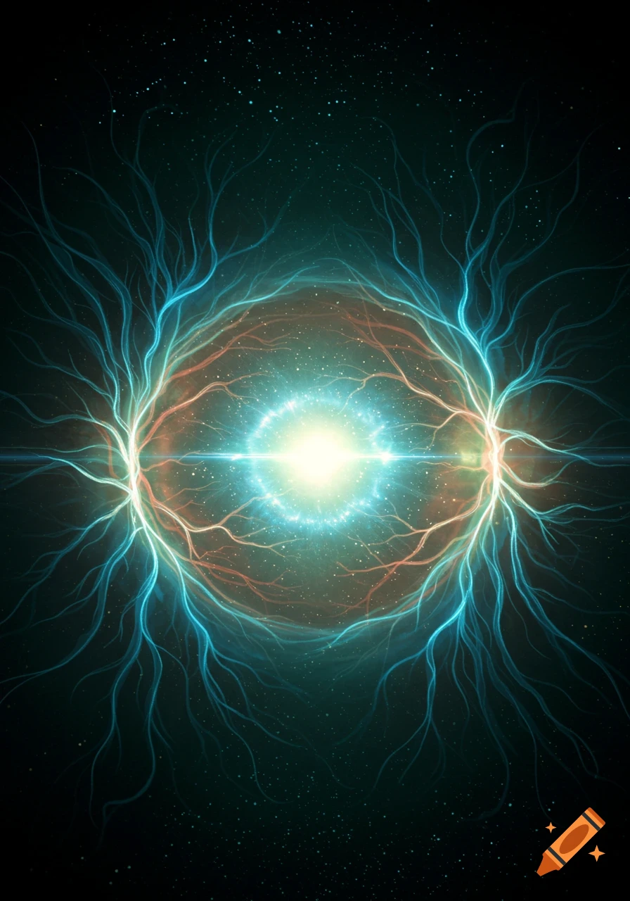 An abstract image of a bright central light with branching blue and red glowing lines against a dark, starry background.