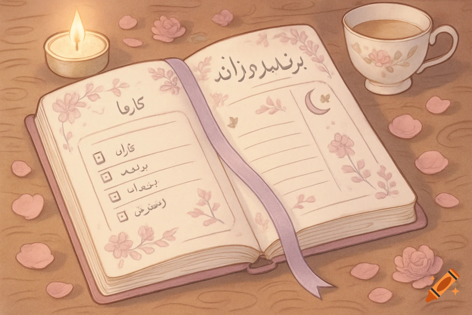 An open pink planner book with Persian text and floral decorations, next to a lit candle and a tea cup, on a wooden surface with scattered rose petals.