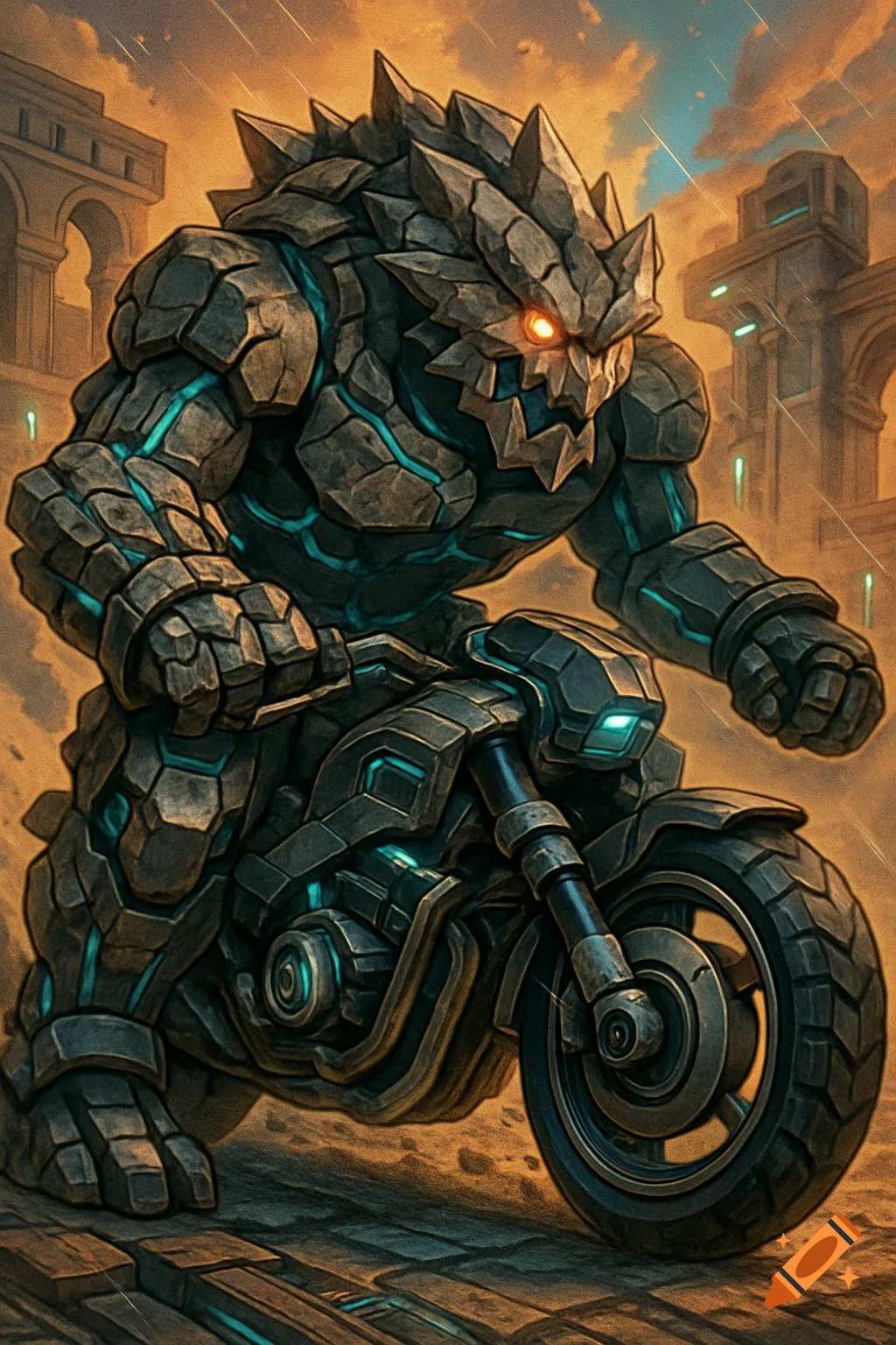 A powerful stone monster with glowing orange eyes rides a futuristic motorcycle through ancient ruins at sunset.