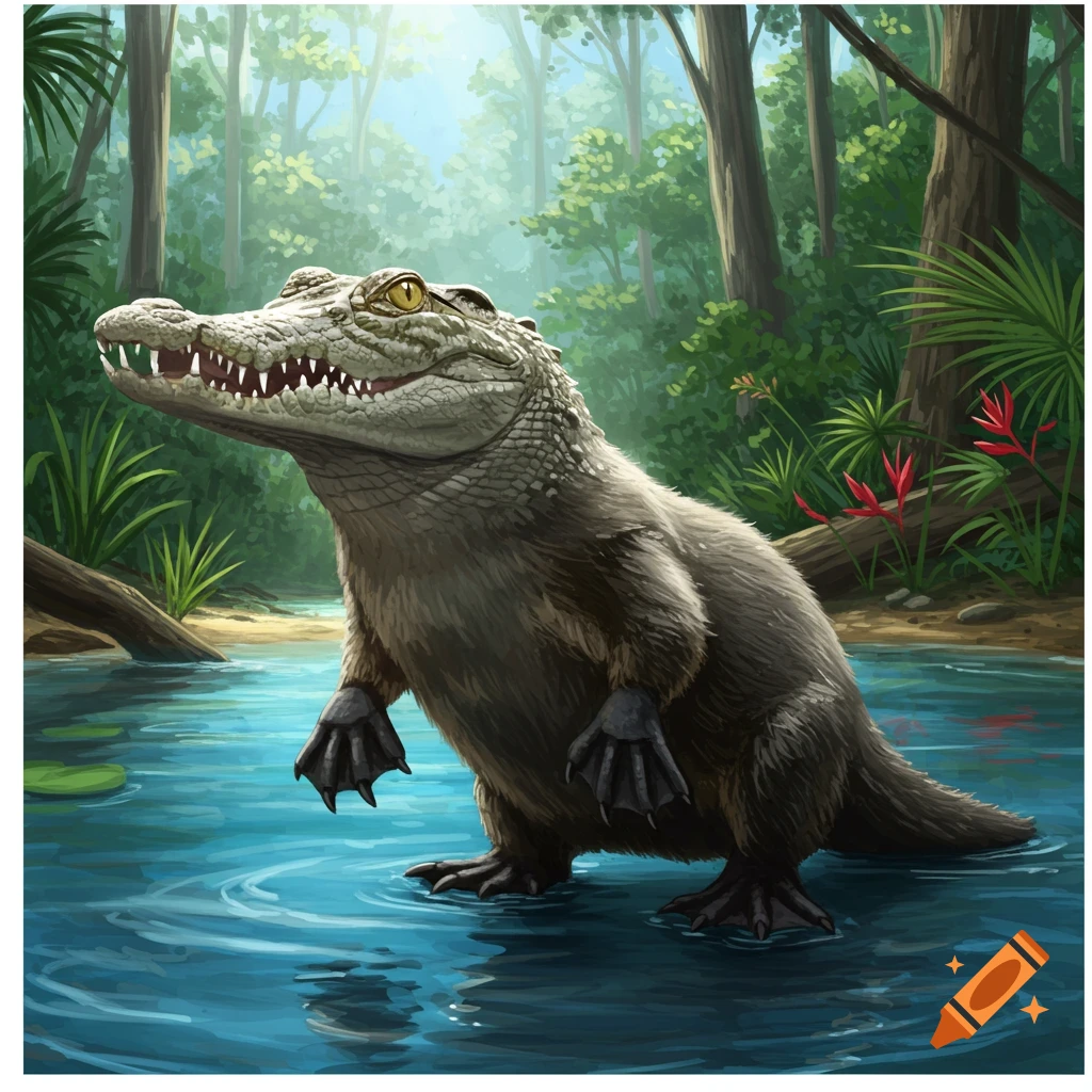 A creature with a crocodile head and a furry platypus body stands in blue swamp water amidst green trees and plants.