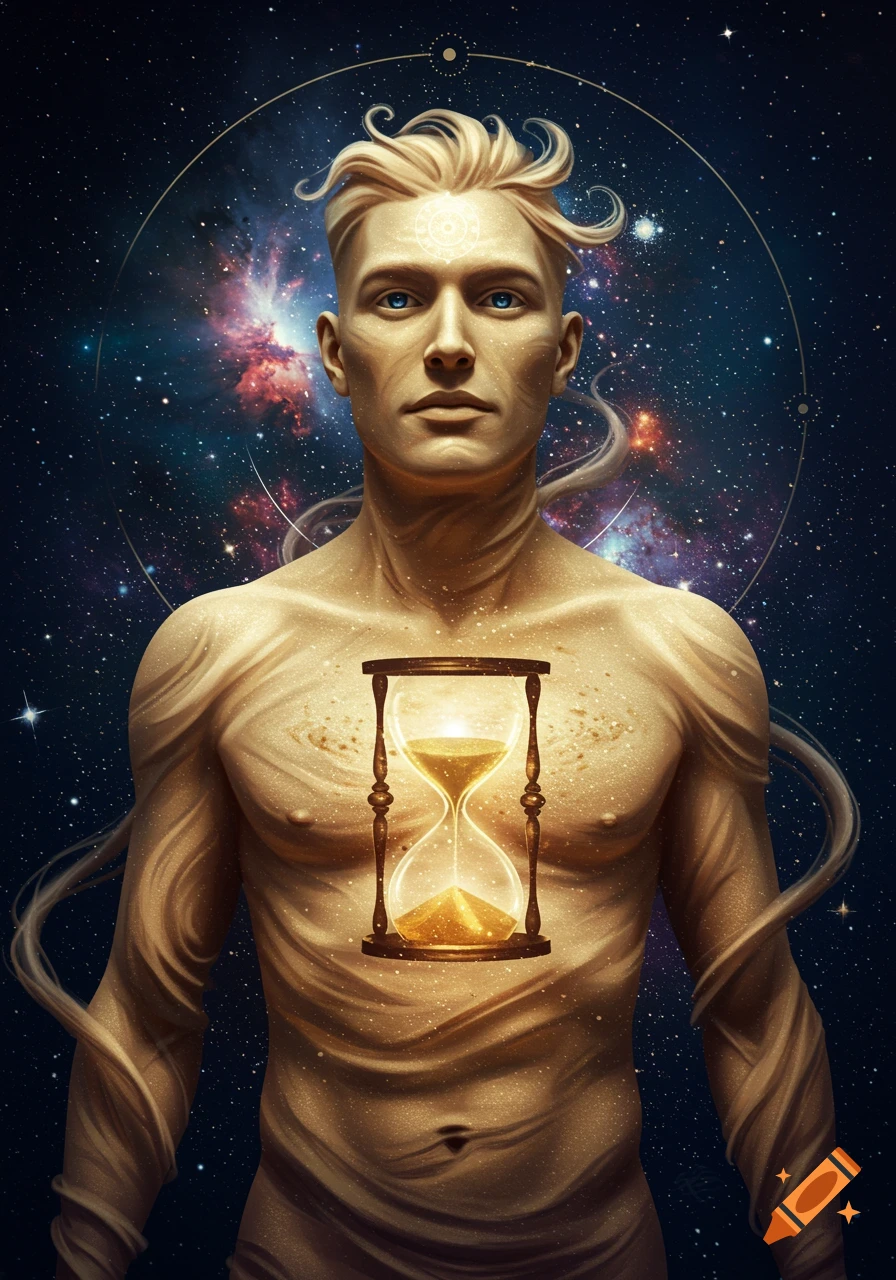 A surreal cosmic man with blond hair and blue eyes, his body made of flowing sand with an hourglass in his chest, against a galaxy.
