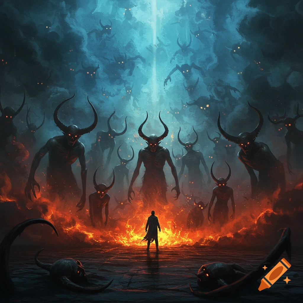 A lone figure stands in a fiery hellscape surrounded by numerous horned demons with glowing red eyes and a light beam from above.
