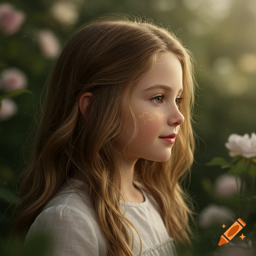 Photorealistic portrait of a young girl with long blonde hair and glitter on her cheeks, in a rose garden.