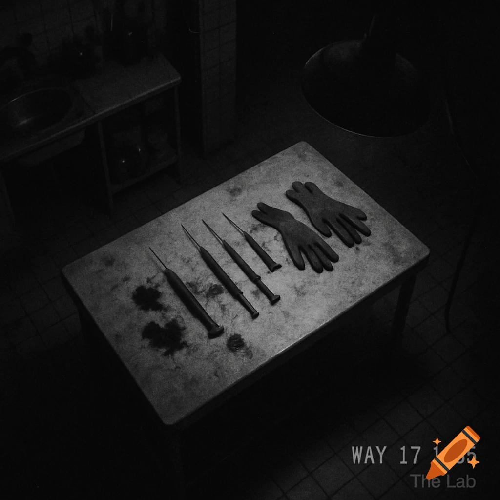 A dark, grainy, black and white photo of an old lab table with medical tools, gloves, and dark stains, lit by a dim overhead lamp. Text at the bottom reads 'WAY 17 1985 The Lab'.