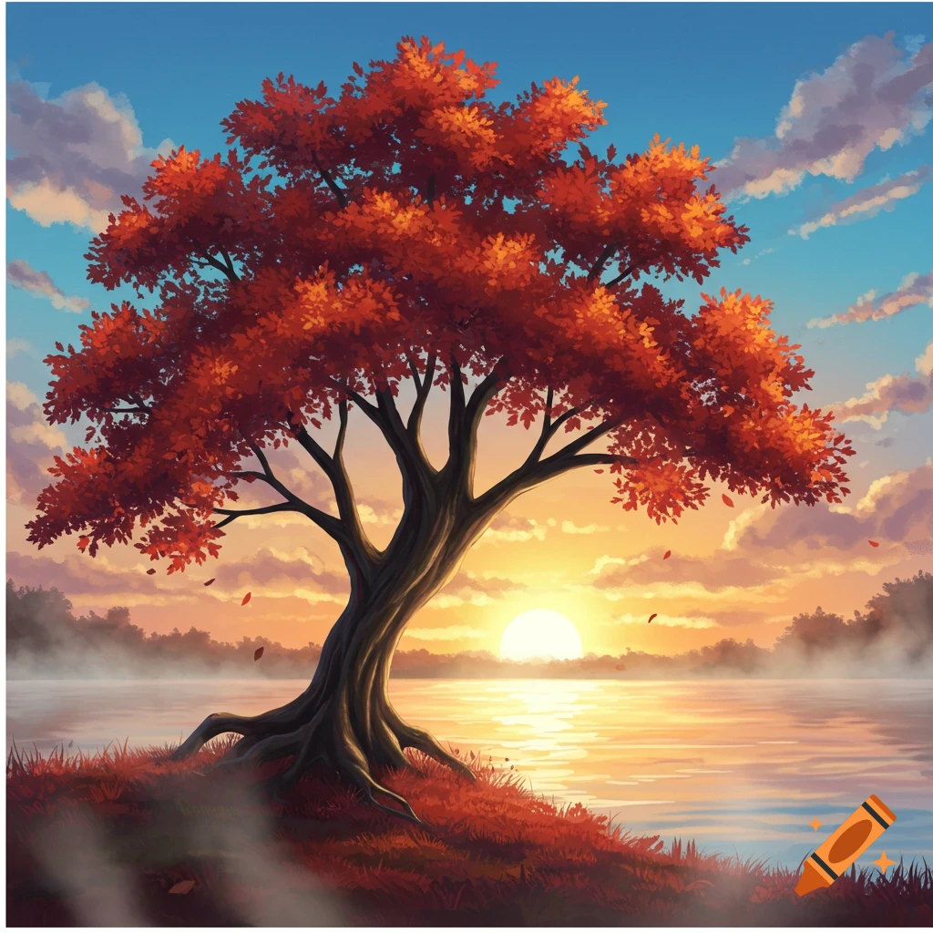 A vibrant red-leaved tree on a hill overlooking a lake at sunset, with a clear sky and golden reflections on the water.
