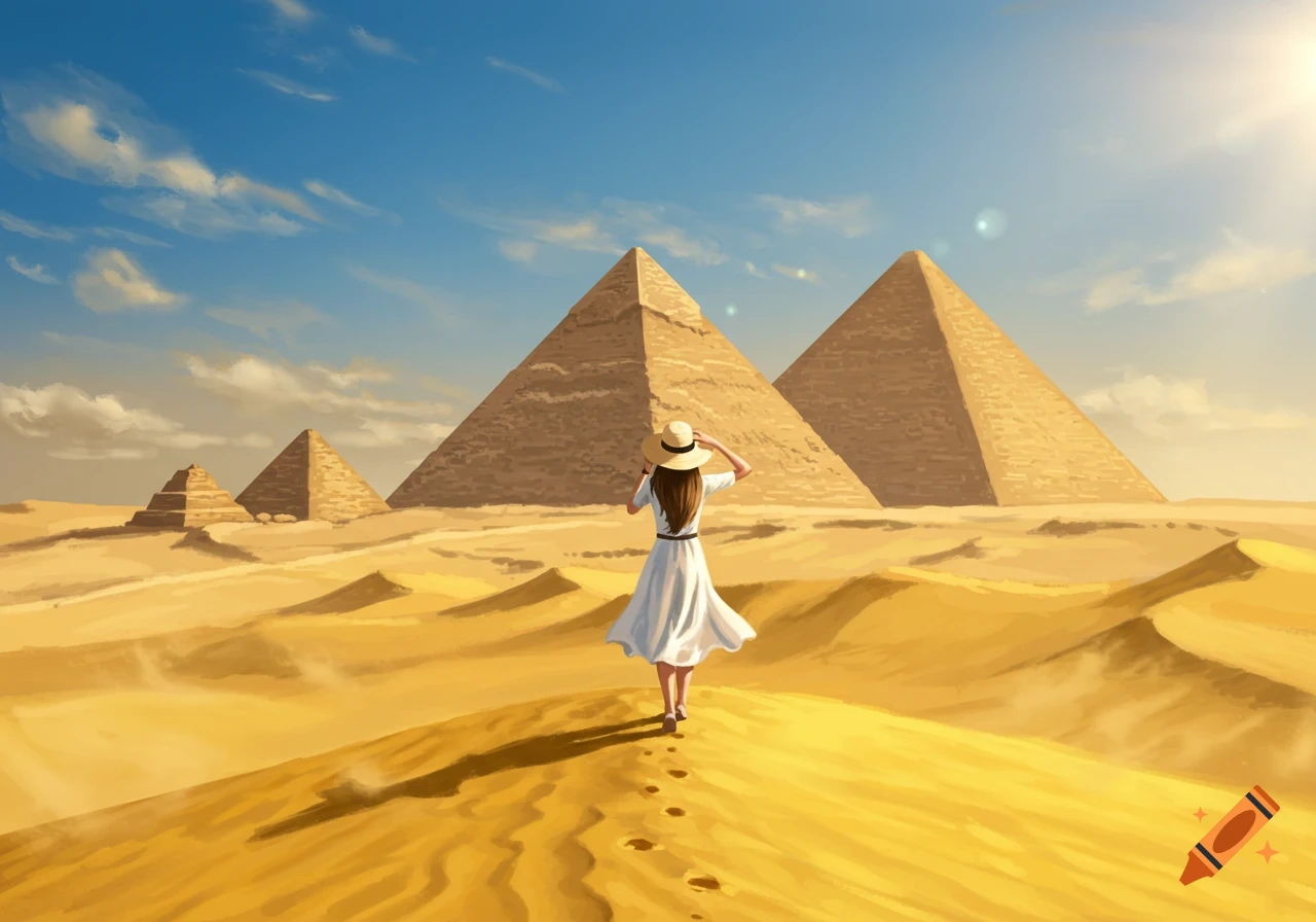 A woman in a white dress and sun hat walks across a sandy desert towards the Great Pyramids of Giza under a bright sky.