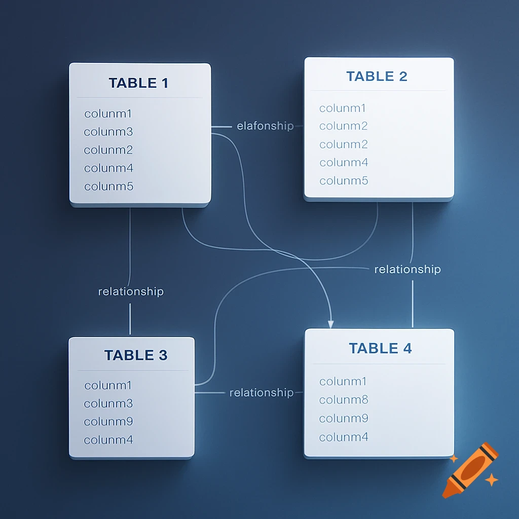A 3D rendering of a database diagram showing four tables (Table 1-4) with columns and relationships connecting them on a dark background.
