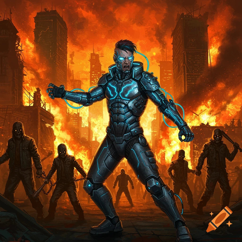 A cyberpunk hero in a fighting pose faces gang members in a burning city, depicted in a comic book art style.