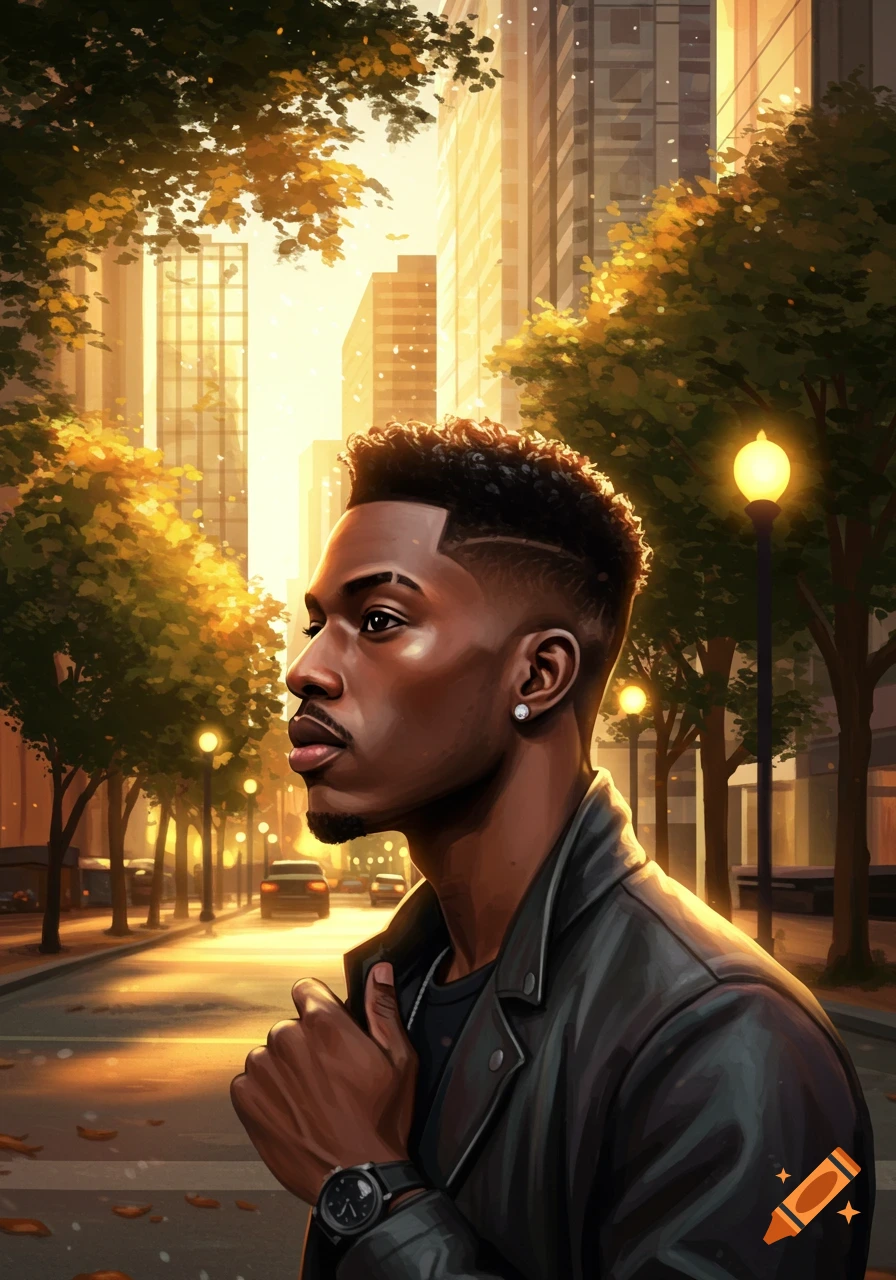 A digital art portrait of an African American man with a fade haircut on a city street at sunset.