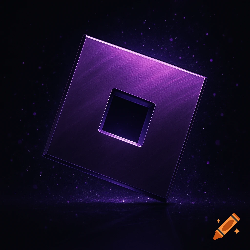 Purple metallic Roblox logo, a square with a cut-out center, glowing against a dark, speckled background.