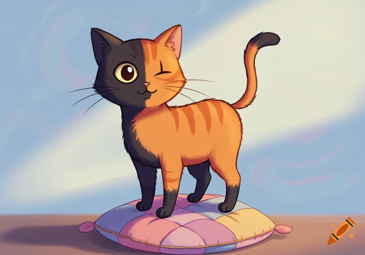 A cute cartoon cat with a black left half and an orange striped right half, winking, stands on a colorful quilted pillow.