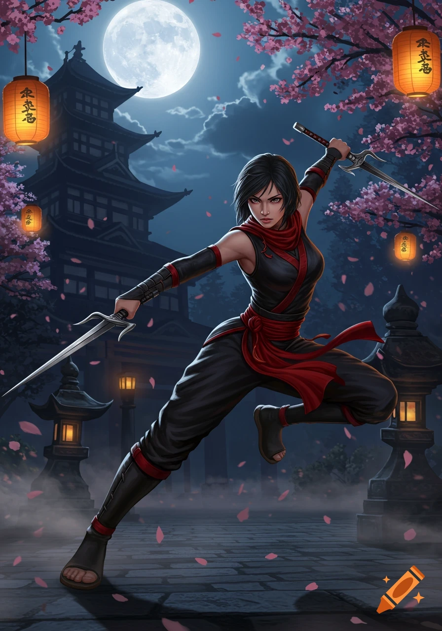 A female ninja in a black and red outfit with sais, poised under a full moon and cherry blossoms near a Japanese temple.