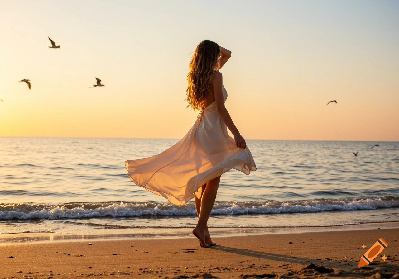 A woman in a flowing dress stands barefoot on a beach at sunset, with birds flying over the ocean.