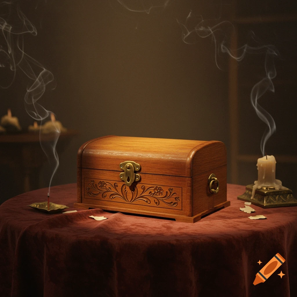 A photorealistic image of an ornate wooden box on a red velvet table, with smoke rising from incense and a lit candle.