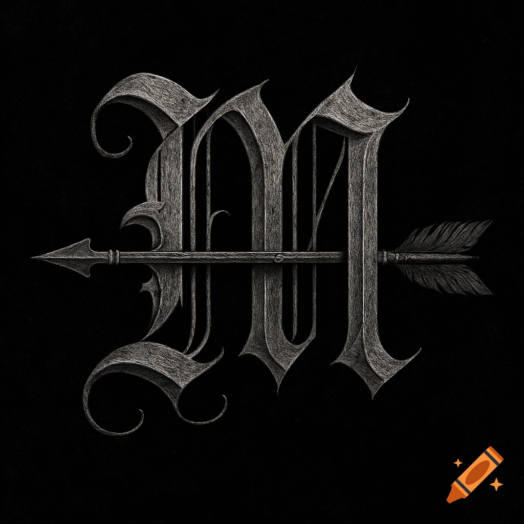 A textured gothic capital letter M is pierced horizontally by an arrow, set against a dark black background.