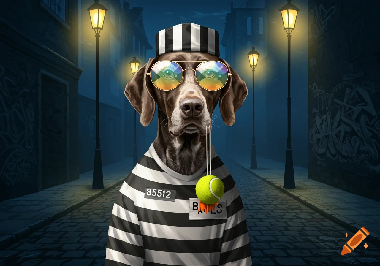 A pointer dog in a striped prisoner uniform, hat, and sunglasses holds a tennis ball on a string in its mouth on a dark street.