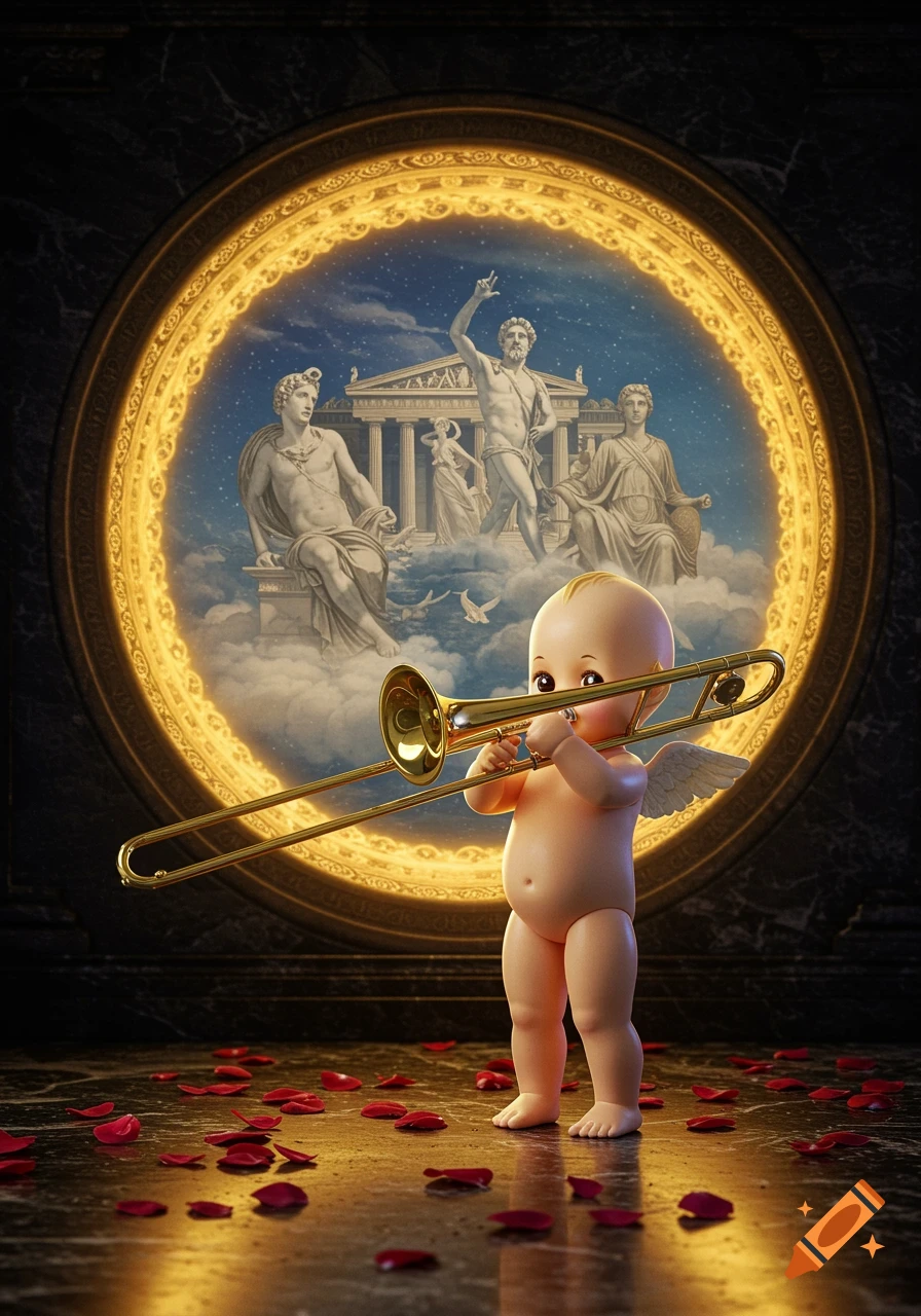 A cherubic baby with wings plays a trombone before a glowing portal showing Greek gods, surrounded by rose petals.